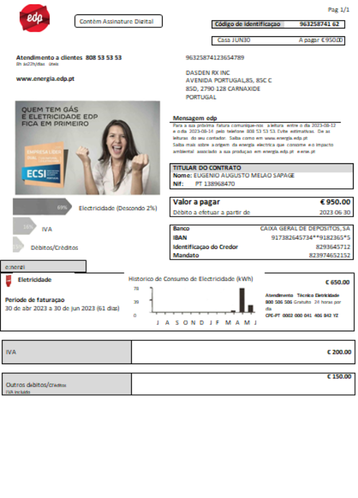 Download EDP Portugal electricity utility business bill,  scr Photoshop template
